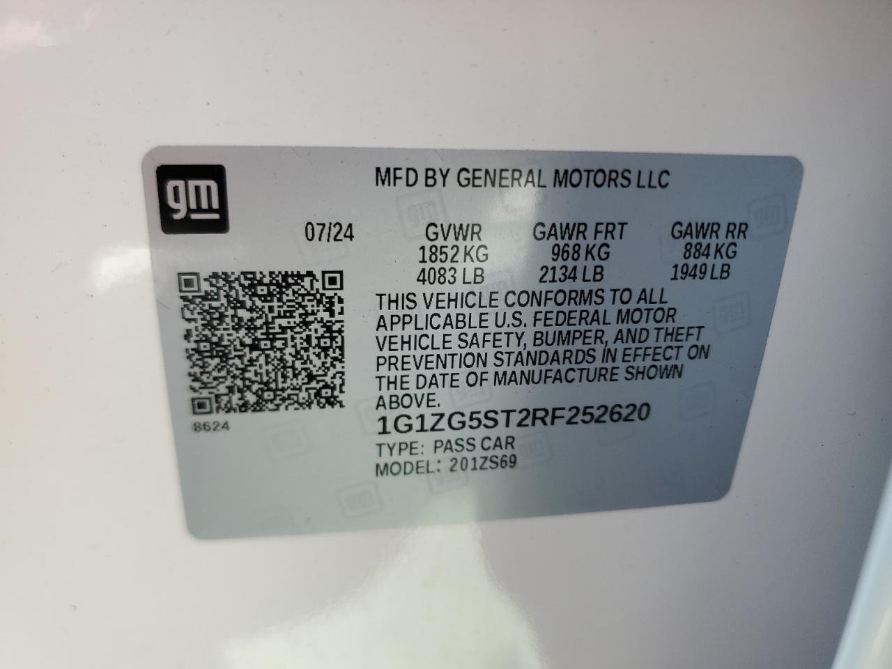 2024 CHEVROLET MALIBU RS VIN:1G1ZG5ST2RF252620