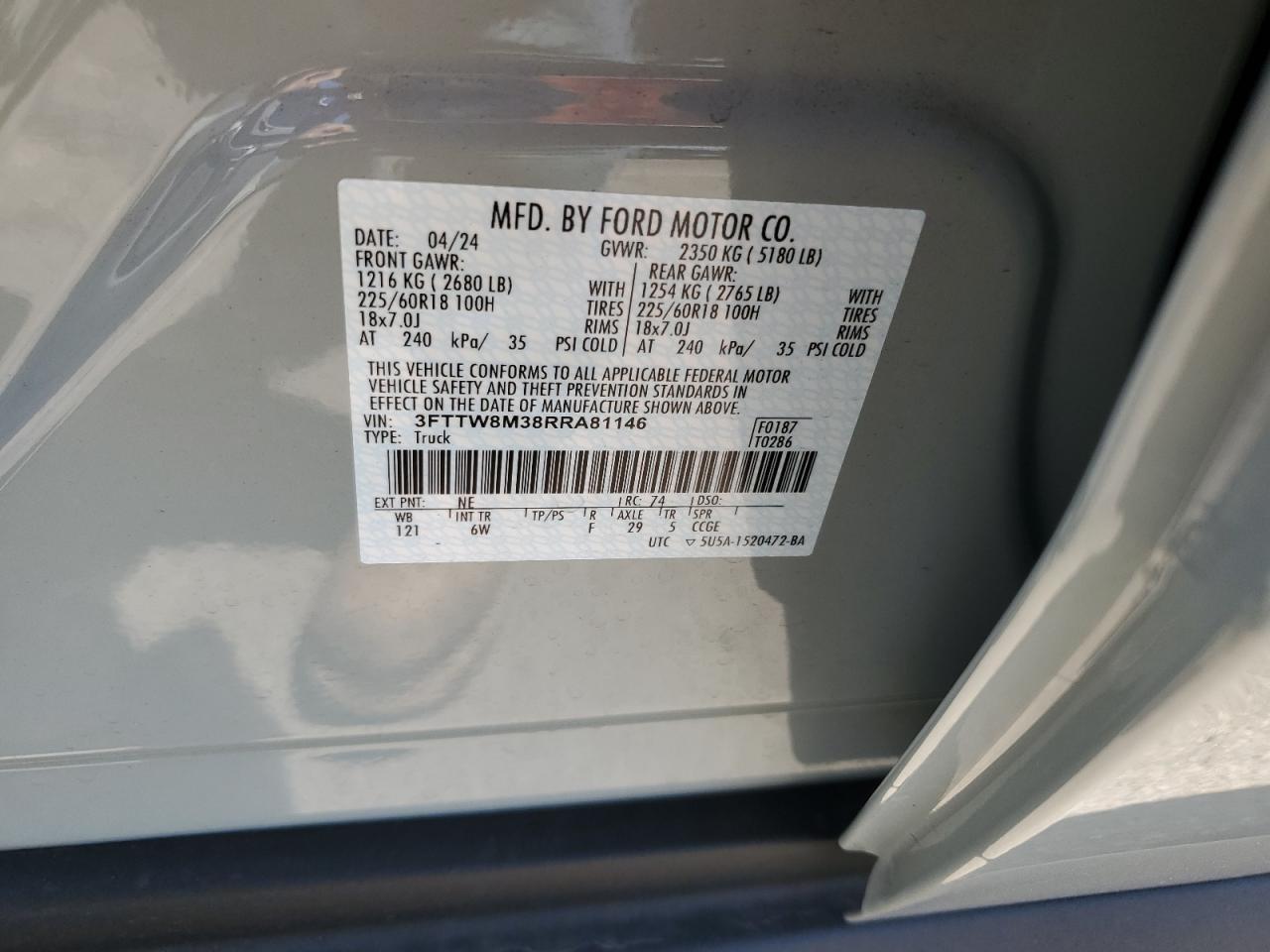 2024 FORD MAVERICK LARIAT VIN:3FTTW8M38RRA81146