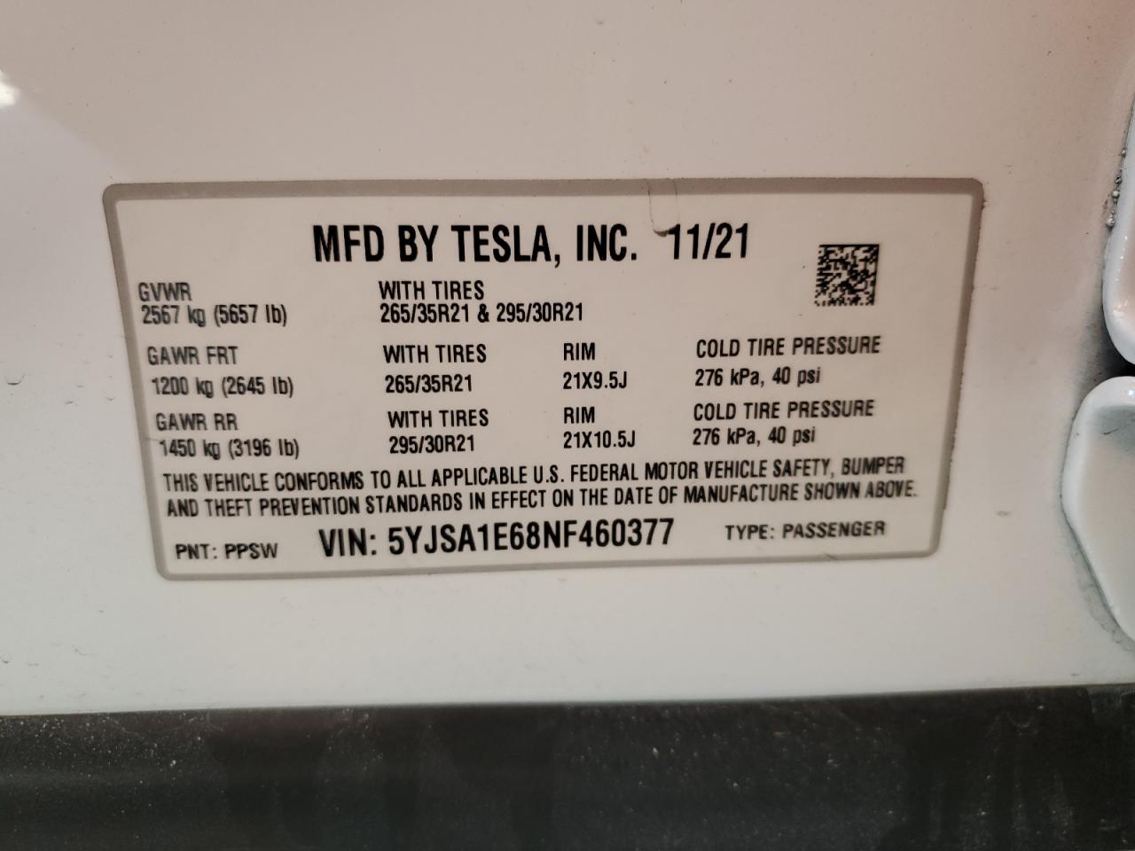 2022 TESLA MODEL S VIN:5YJSA1E68NF460377