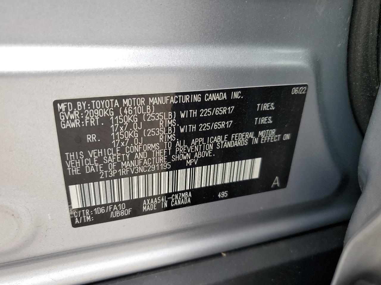 2022 TOYOTA RAV4 XLE VIN:2T3P1RFV3NC291195