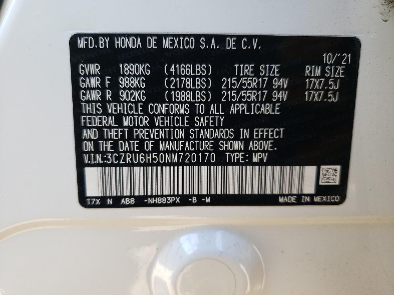 2022 HONDA HR-V EX VIN:3CZRU6H50NM720170