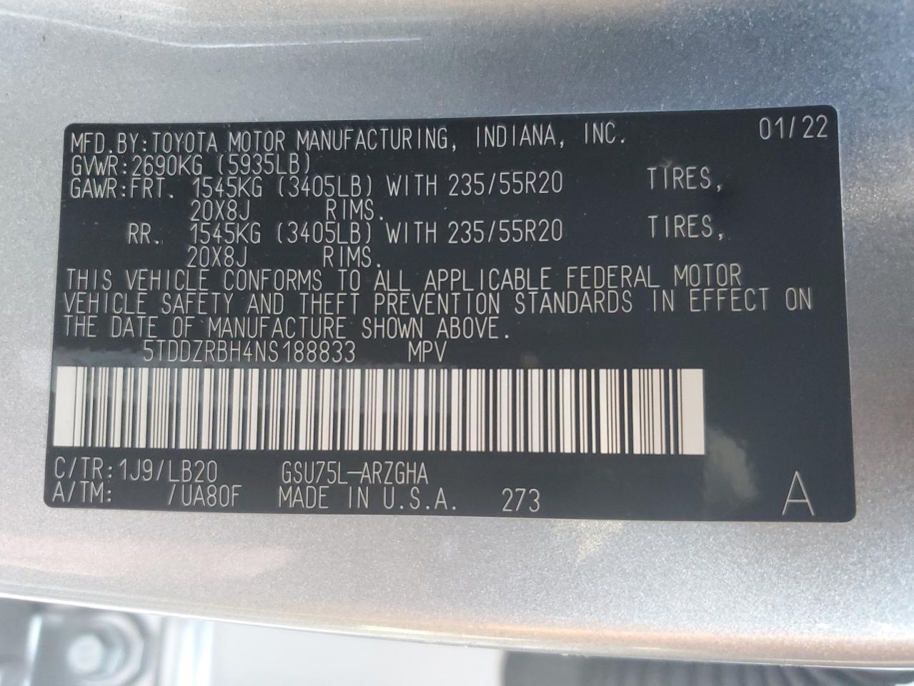 2022 TOYOTA HIGHLANDER LIMITED VIN:5TDDZRBH4NS188833