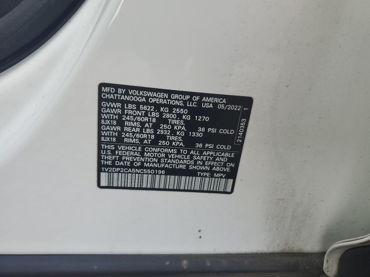 2022 VOLKSWAGEN ATLAS SE VIN:1V2DP2CA5NC550196
