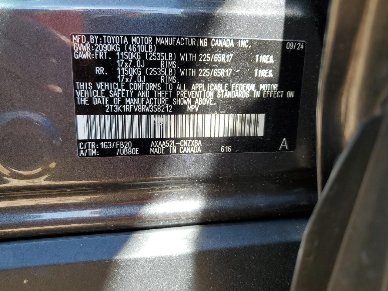 2024 TOYOTA RAV4 LE VIN:2T3K1RFV8RW358212