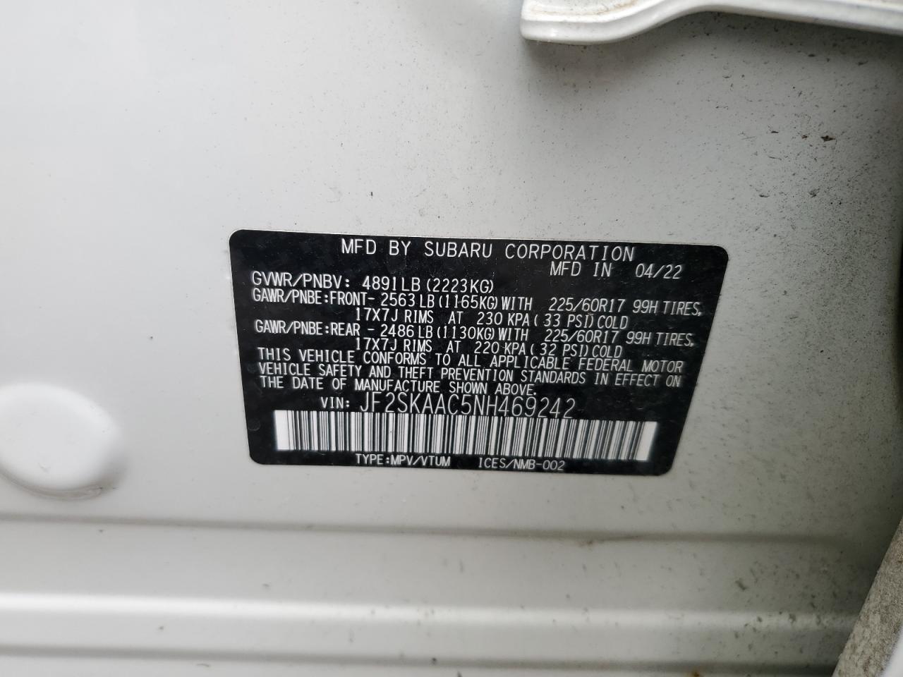 2022 SUBARU FORESTER VIN:JF2SKAAC5NH469242