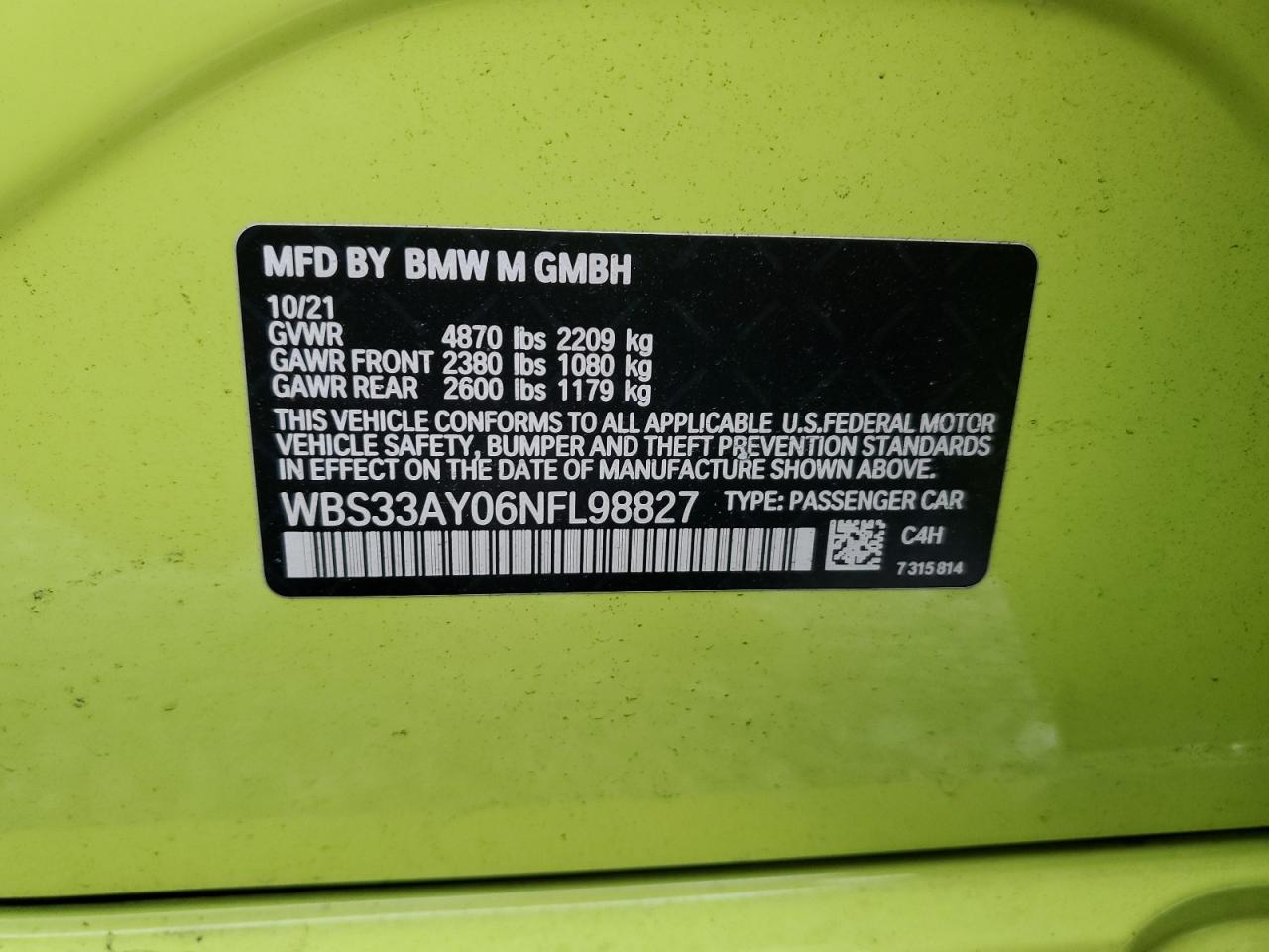 2022 BMW M3 COMPETITION VIN:WBS33AY06NFL98827