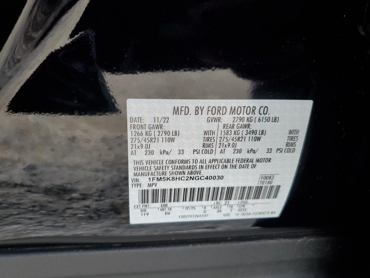 2022 FORD EXPLORER PLATINUM VIN:1FM5K8HC2NGC40030