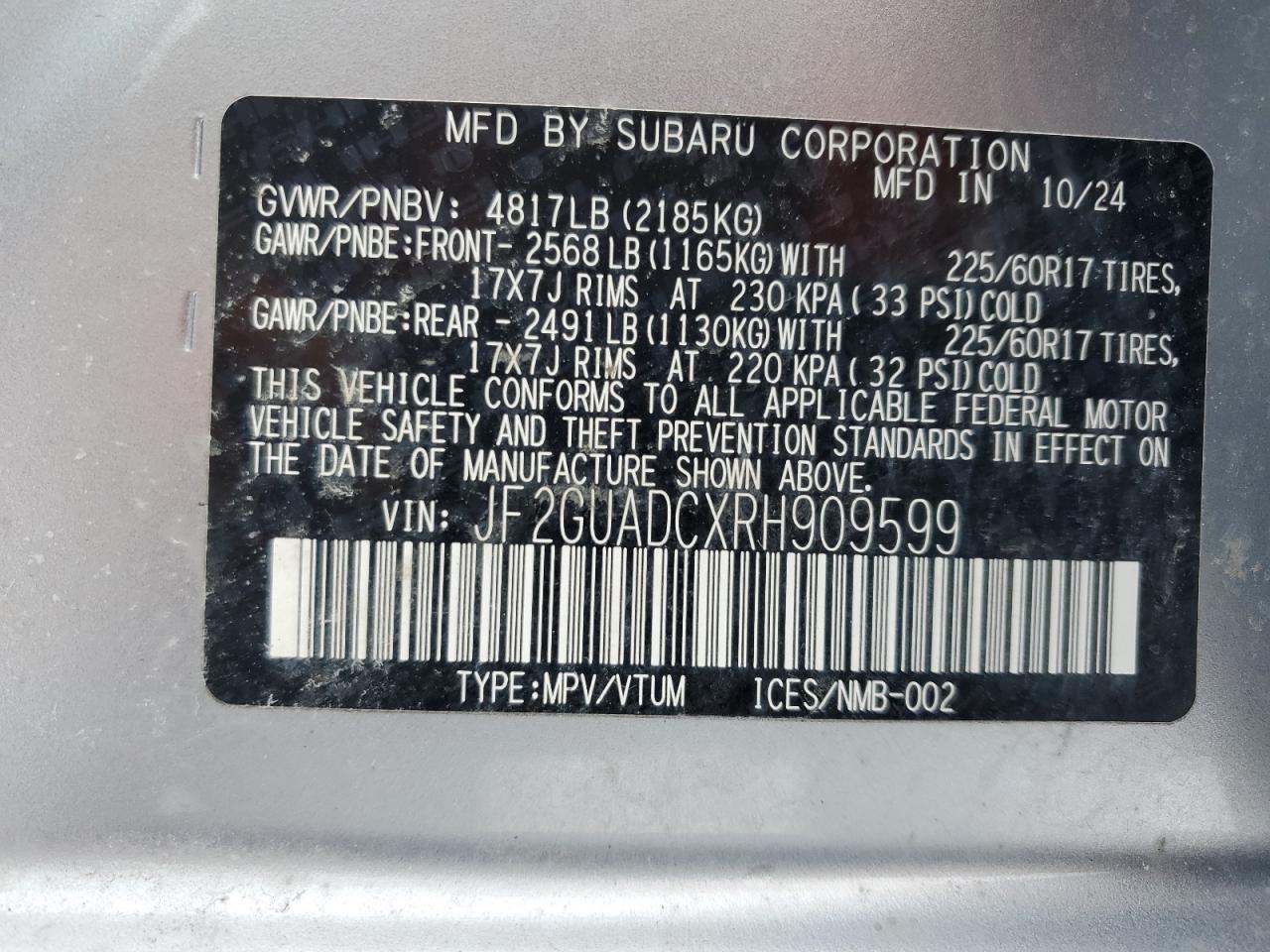 2024 SUBARU CROSSTREK PREMIUM VIN:JF2GUADCXRH909599
