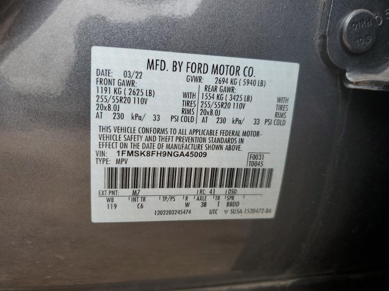 2022 FORD EXPLORER LIMITED VIN:1FMSK8FH9NGA45009