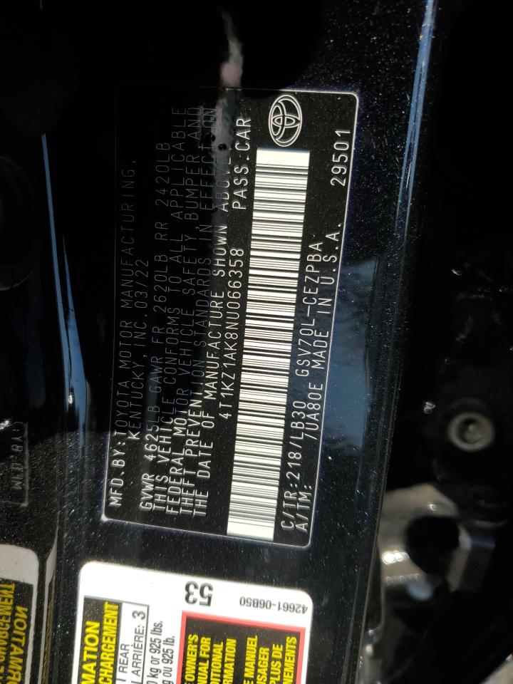 2022 TOYOTA CAMRY TRD VIN:4T1KZ1AK8NU066358