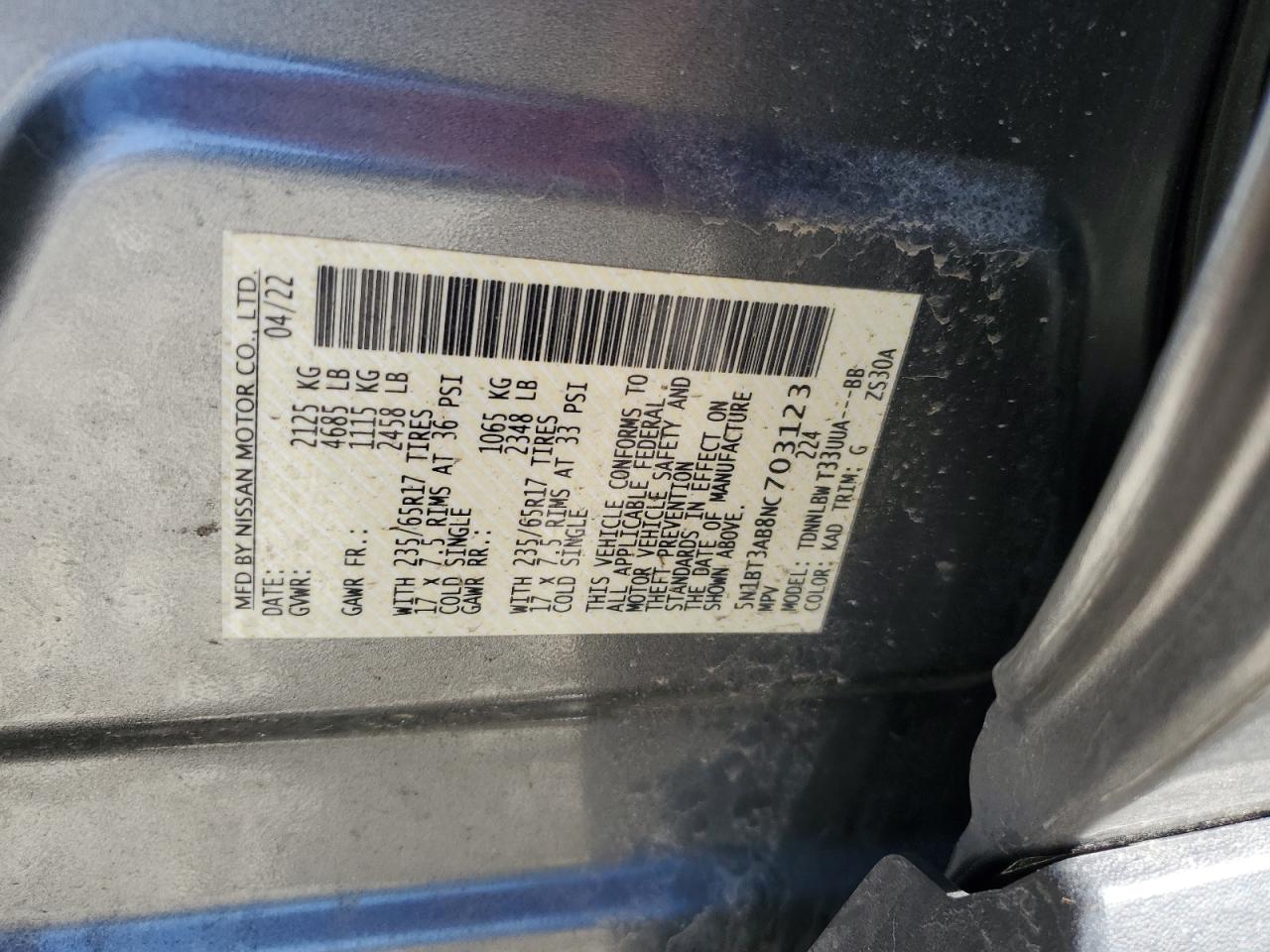 2022 NISSAN ROGUE S VIN:5N1BT3AB8NC703123