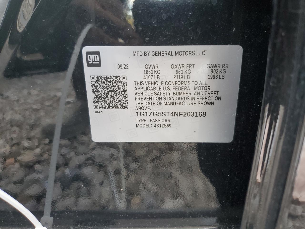 2022 CHEVROLET MALIBU RS VIN:1G1ZG5ST4NF203168