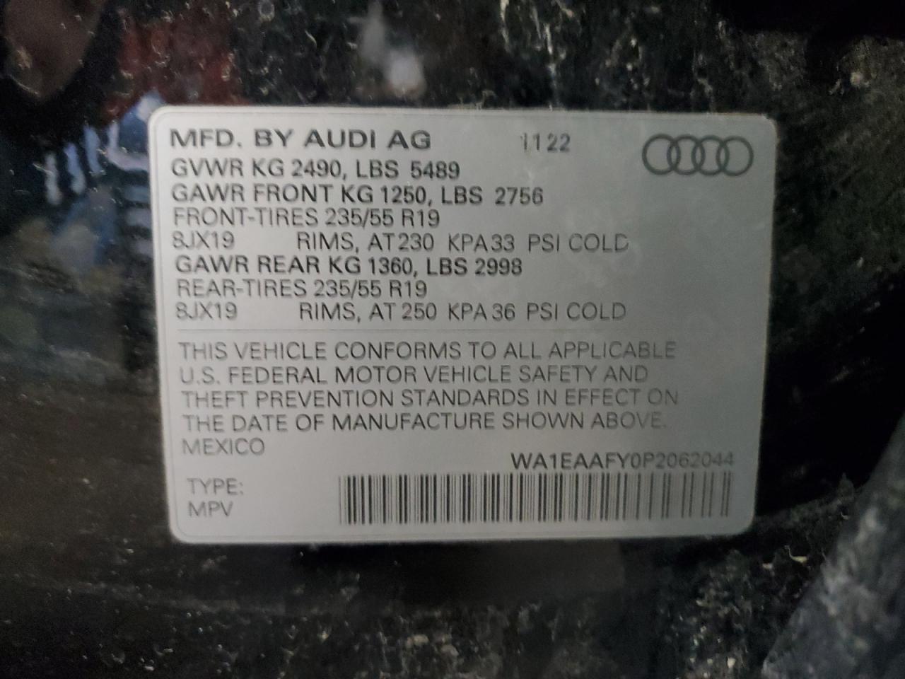 2023 AUDI Q5 PREMIUM PLUS 45 VIN:WA1EAAFY0P2062044
