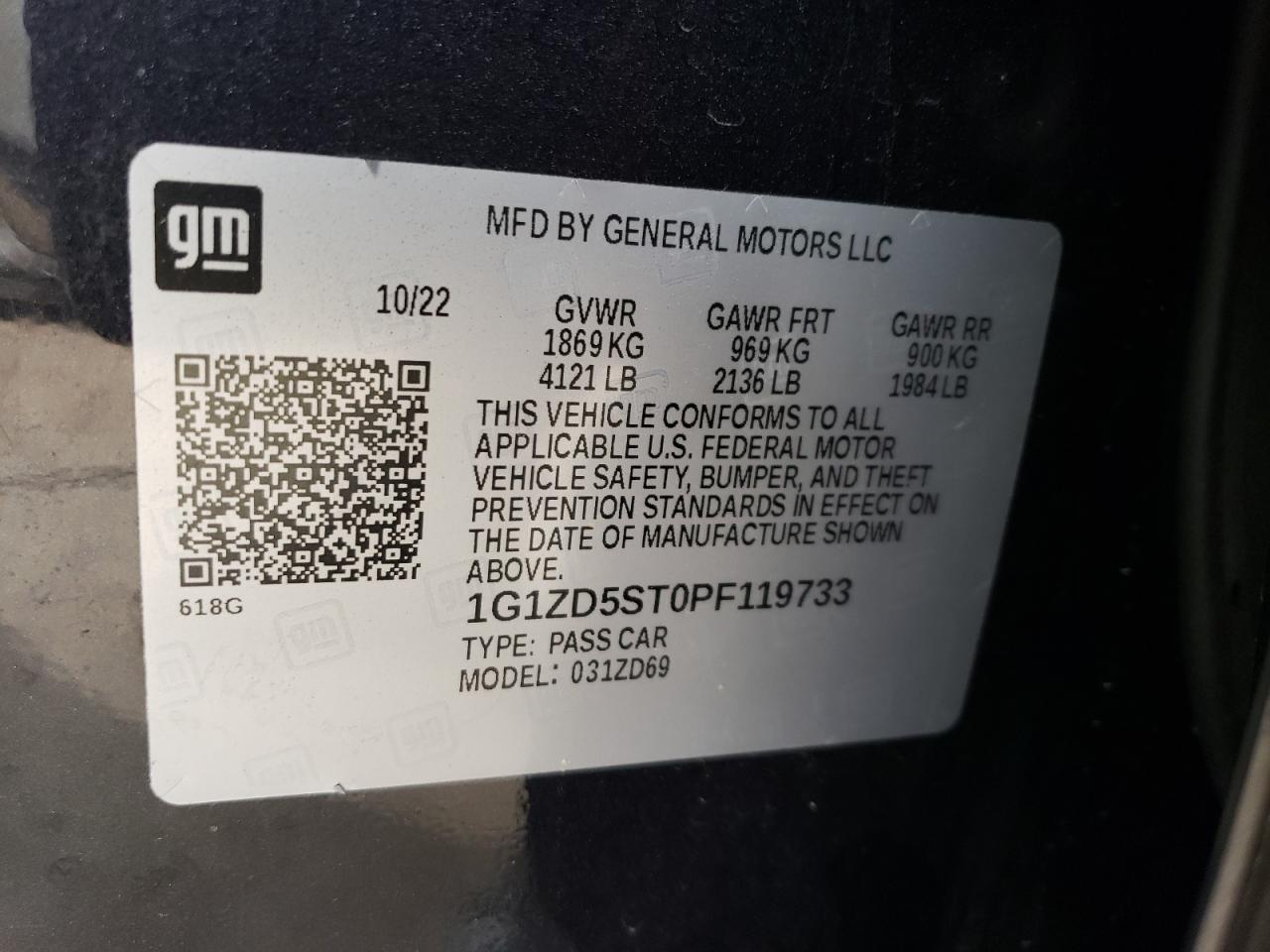 2023 CHEVROLET MALIBU LT VIN:1G1ZD5ST0PF119733