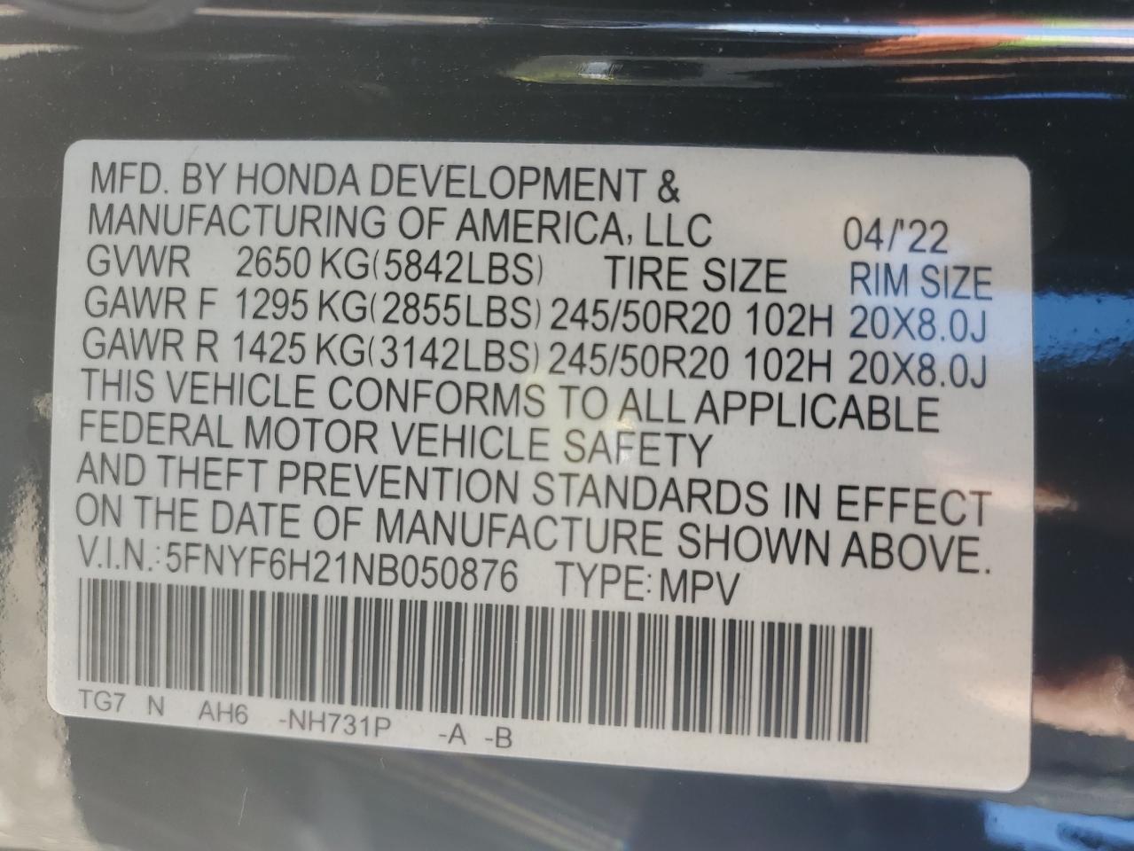 2022 HONDA PILOT SE VIN:5FNYF6H21NB050876