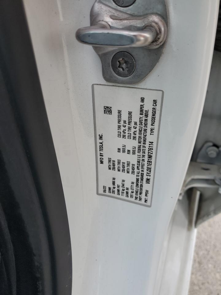 2022 TESLA MODEL 3 VIN:5YJ3E1EB1NF276114