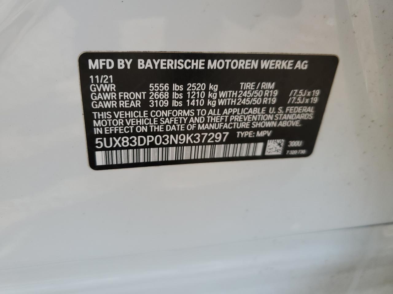 2022 BMW X3 M40I VIN:5UX83DP03N9K37297
