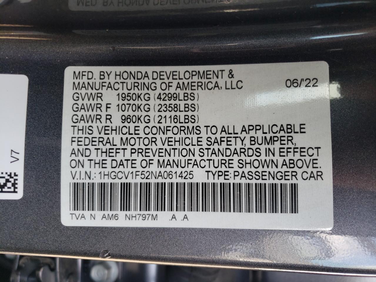 2022 HONDA ACCORD EXL VIN:1HGCV1F52NA061425