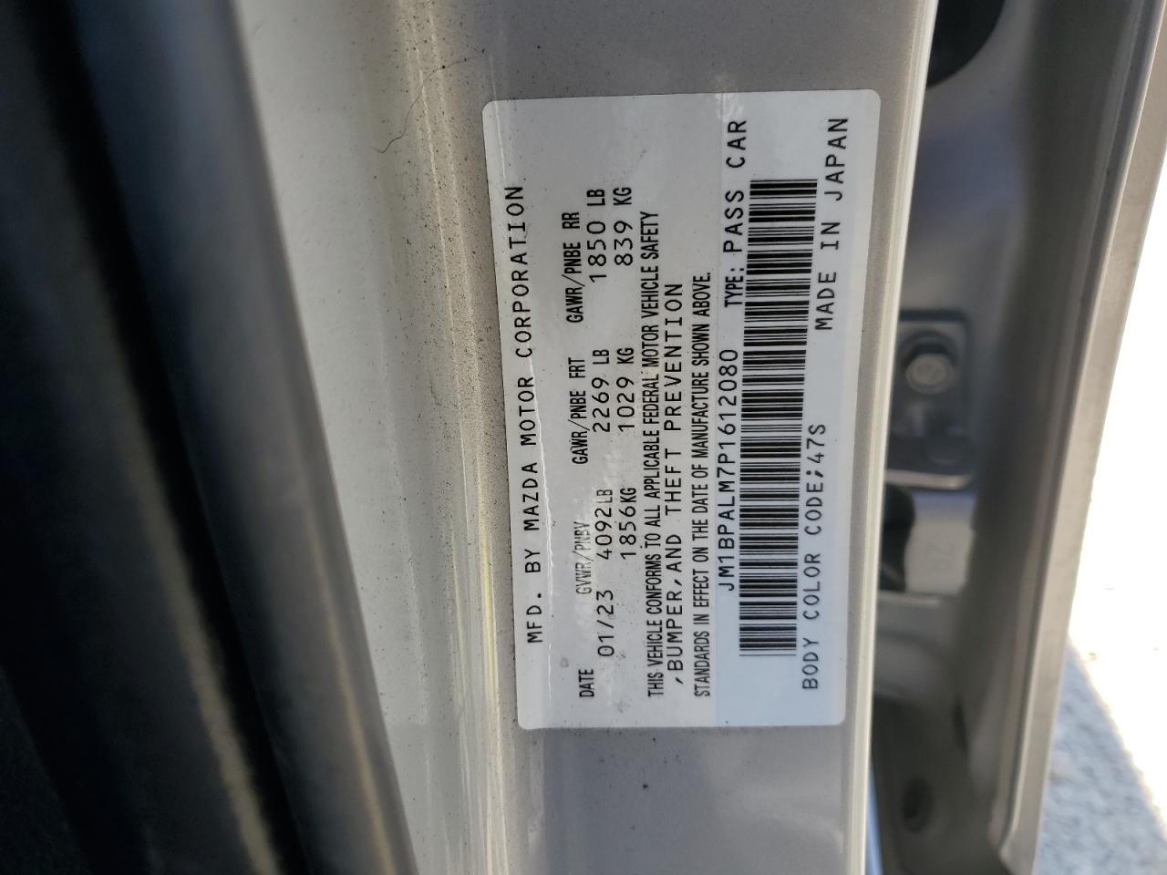 2023 MAZDA 3 PREFERRED VIN:JM1BPALM7P1612080