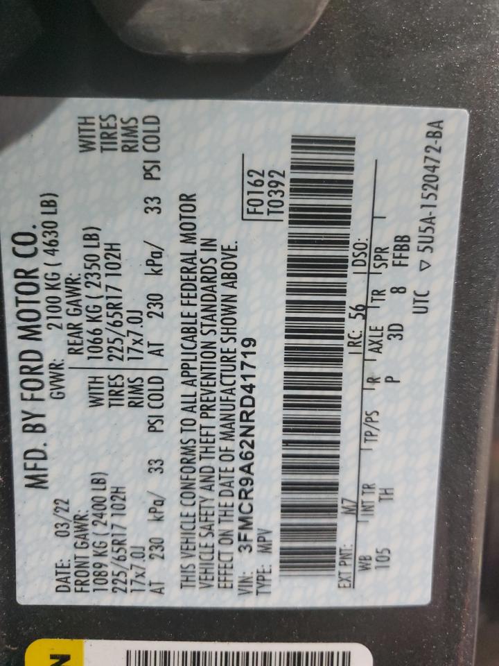 2022 FORD BRONCO SPORT VIN:3FMCR9A62NRD41719