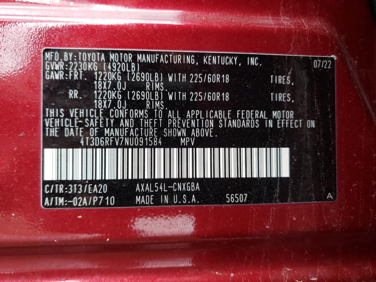 2022 TOYOTA RAV4 LIMITED VIN:4T3D6RFV7NU091584