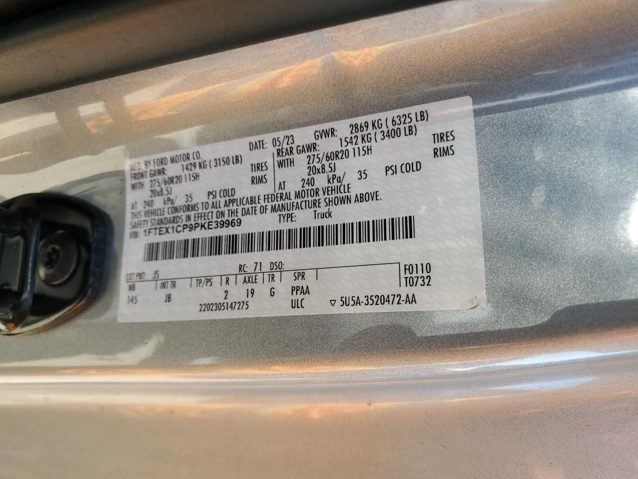 2023 FORD F150 SUPER CAB VIN:1FTEX1CP9PKE39969