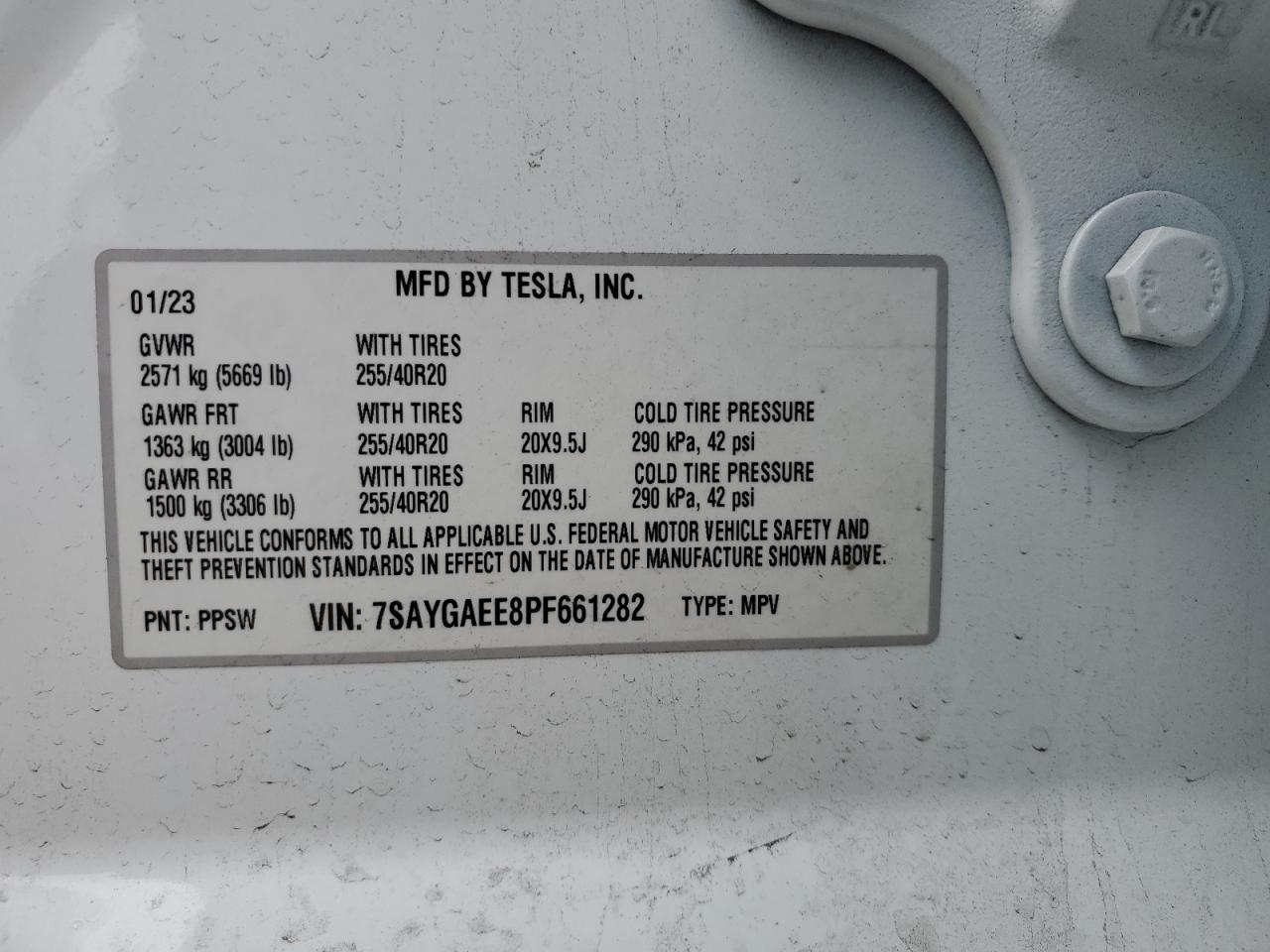 2023 TESLA MODEL Y VIN:7SAYGAEE8PF661282