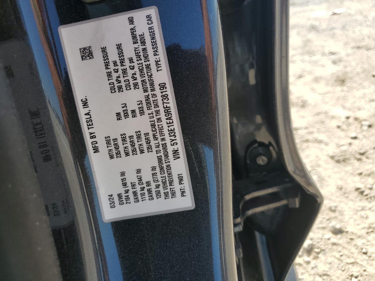 2024 TESLA MODEL 3 VIN:5YJ3E1EA9RF738190