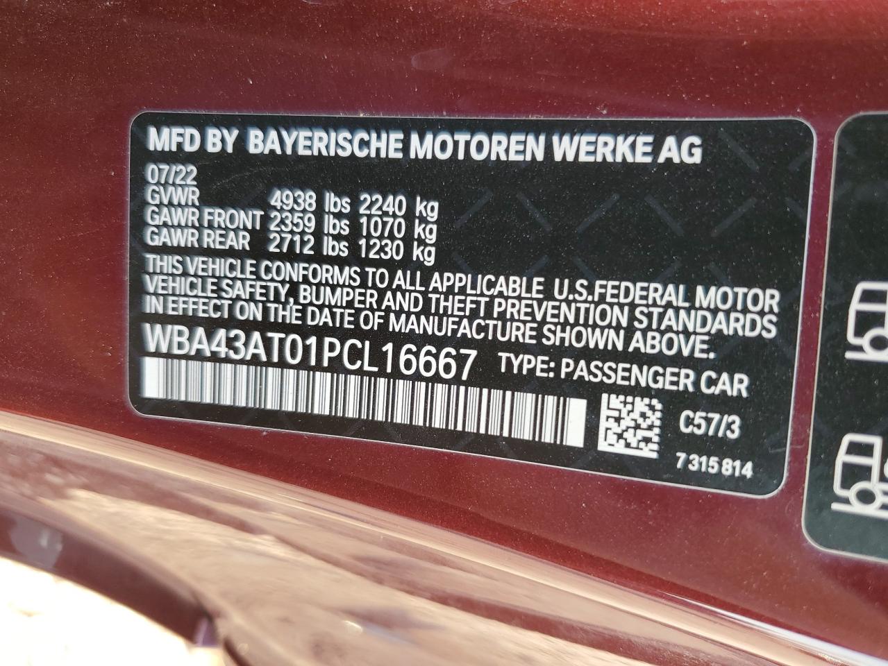 2023 BMW 430XI VIN:WBA43AT01PCL16667