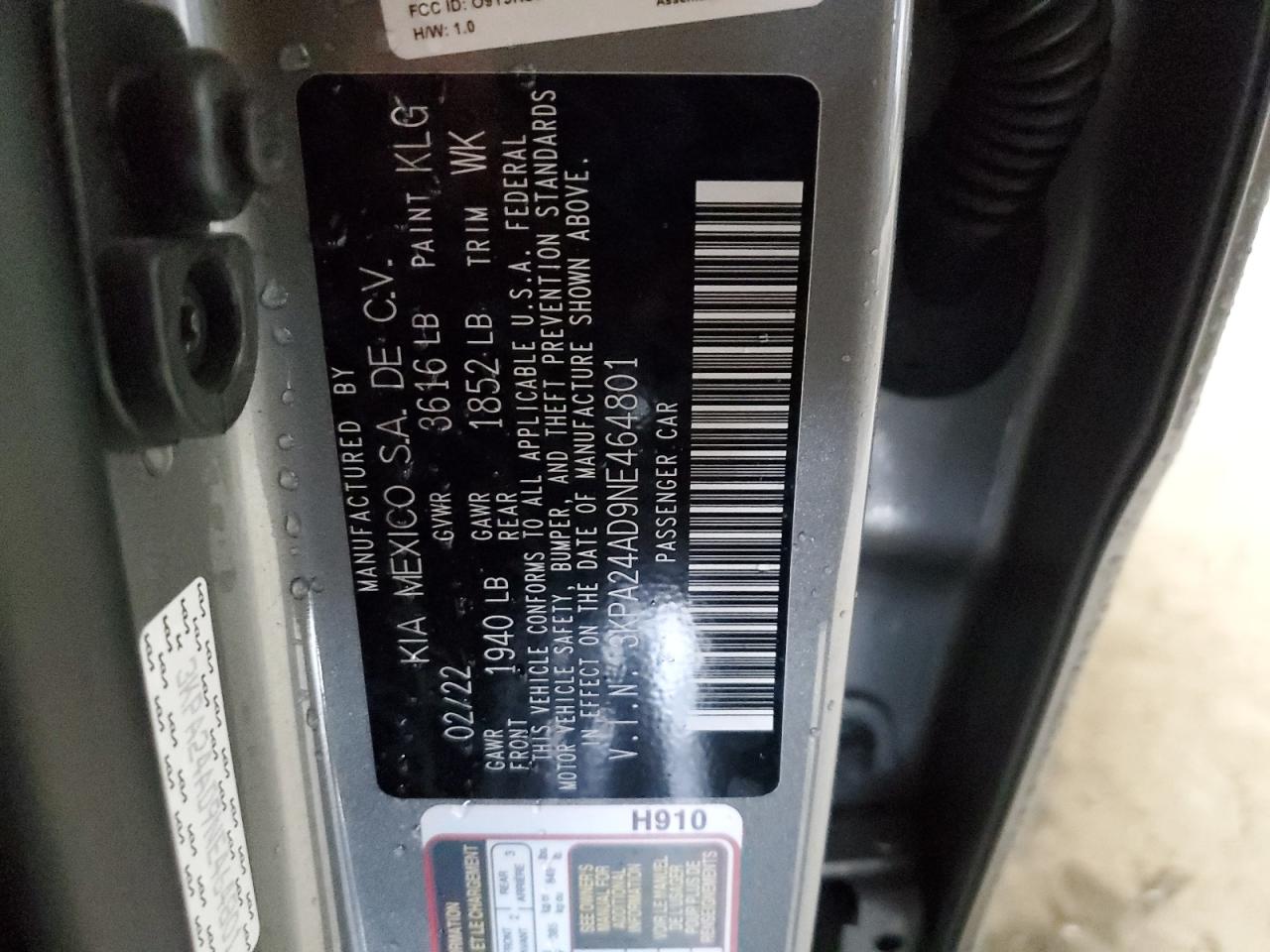 2022 KIA RIO LX VIN:3KPA24AD9NE464801