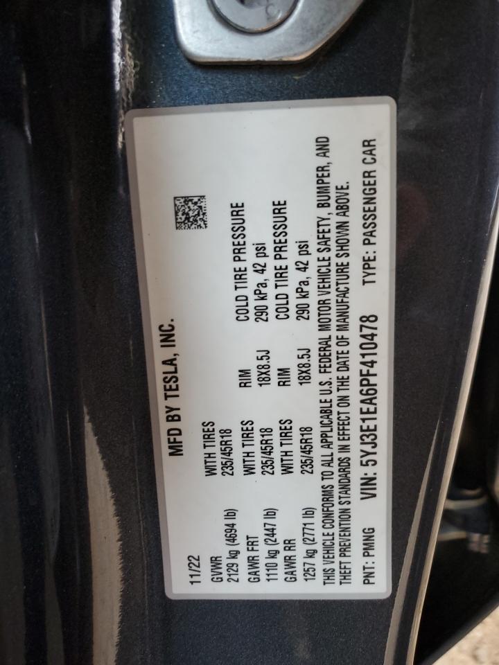 2023 TESLA MODEL 3 VIN:5YJ3E1EA6PF410478