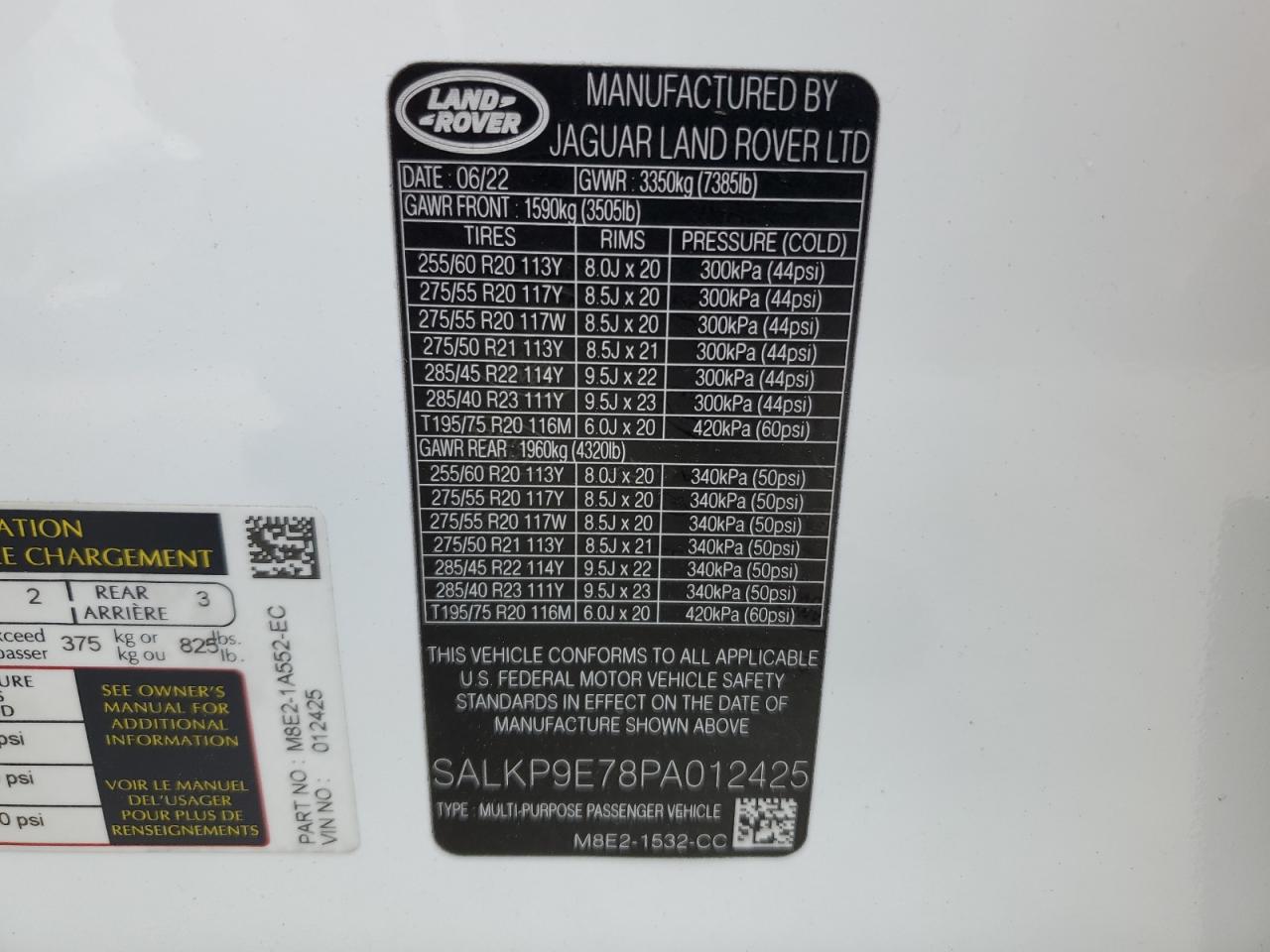 2023 LAND ROVER RANGE ROVER SE VIN:SALKP9E78PA012425