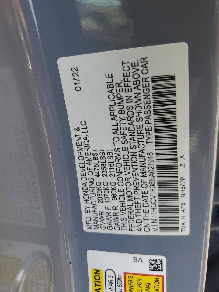 2022 HONDA ACCORD SPORT VIN:1HGCV1F38NA021915