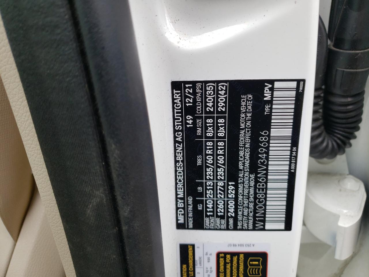 2022 MERCEDES-BENZ GLC 300 4MATIC VIN:W1N0G8EB6NV349686