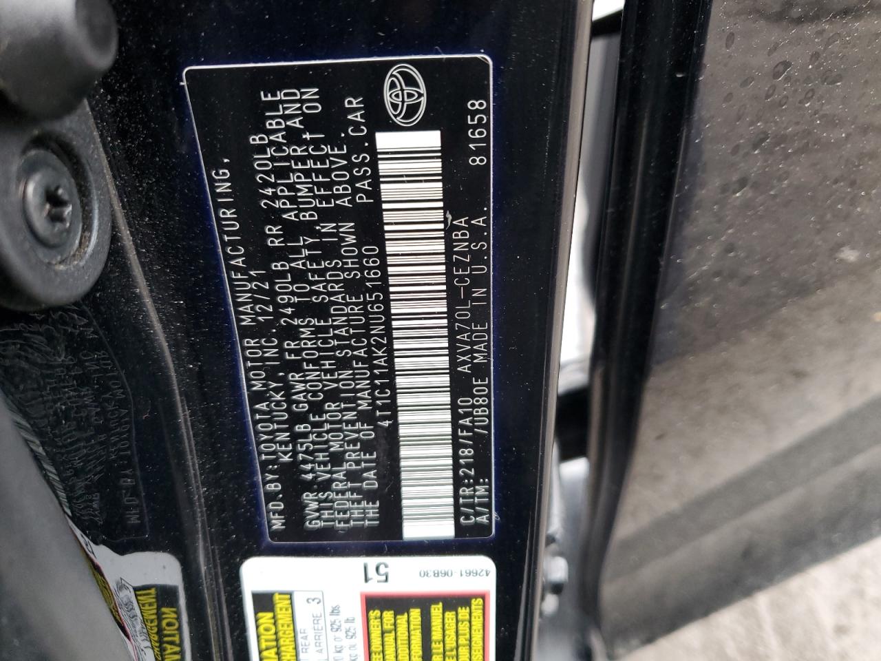 2022 TOYOTA CAMRY LE VIN:4T1C11AK2NU651660