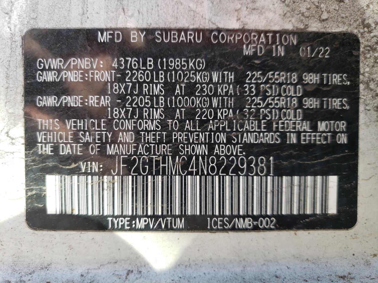 2022 SUBARU CROSSTREK LIMITED VIN:JF2GTHMC4N8229381