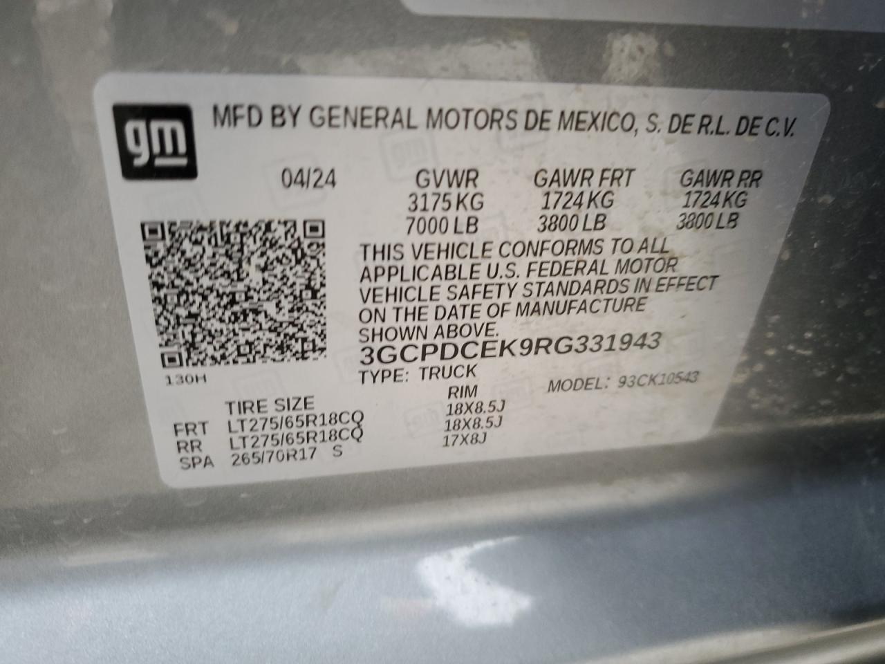 2024 CHEVROLET SILVERADO K1500 TRAIL BOSS CUSTOM VIN:3GCPDCEK9RG331943