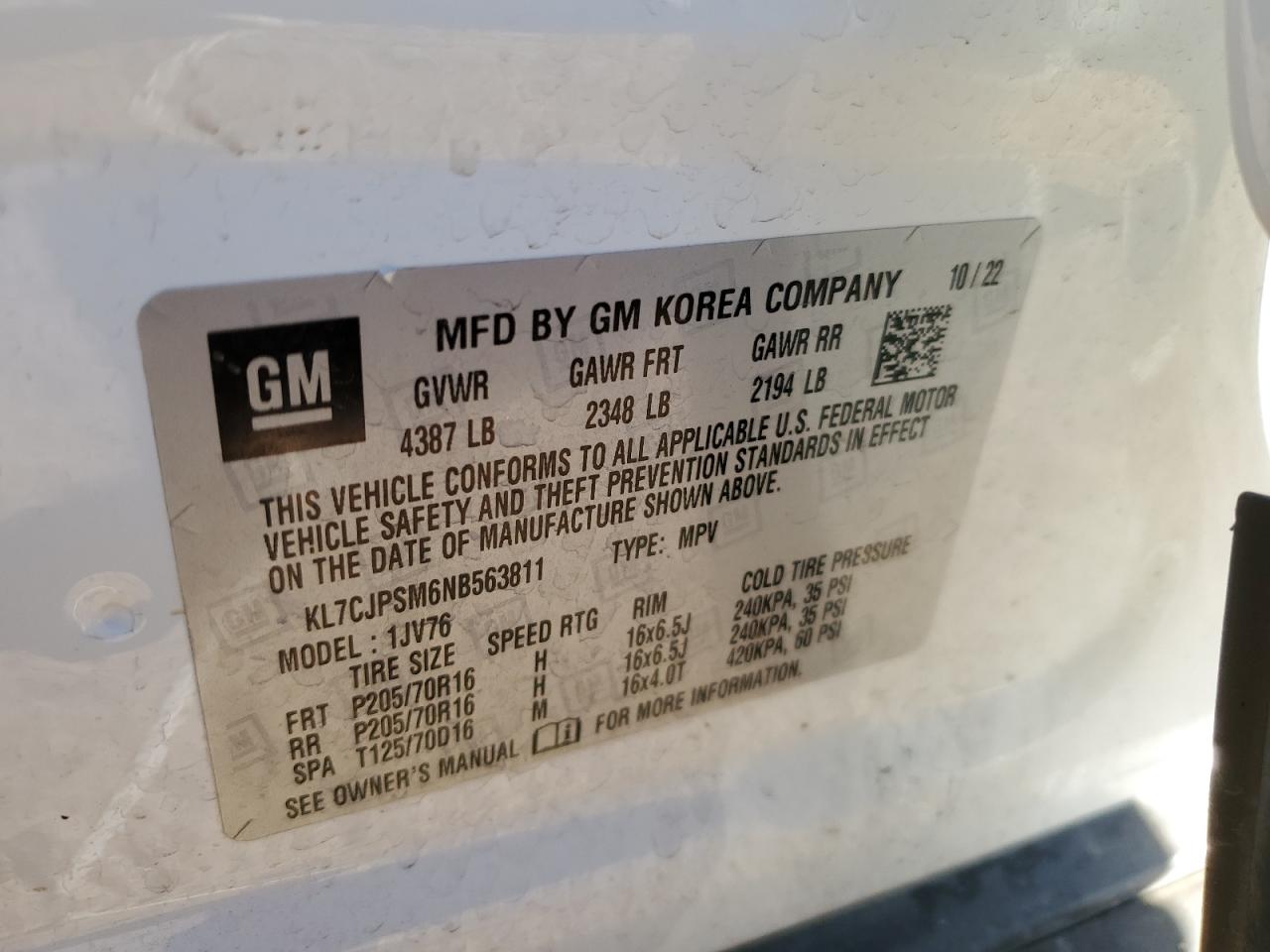 2022 CHEVROLET TRAX 1LT VIN:KL7CJPSM6NB563811