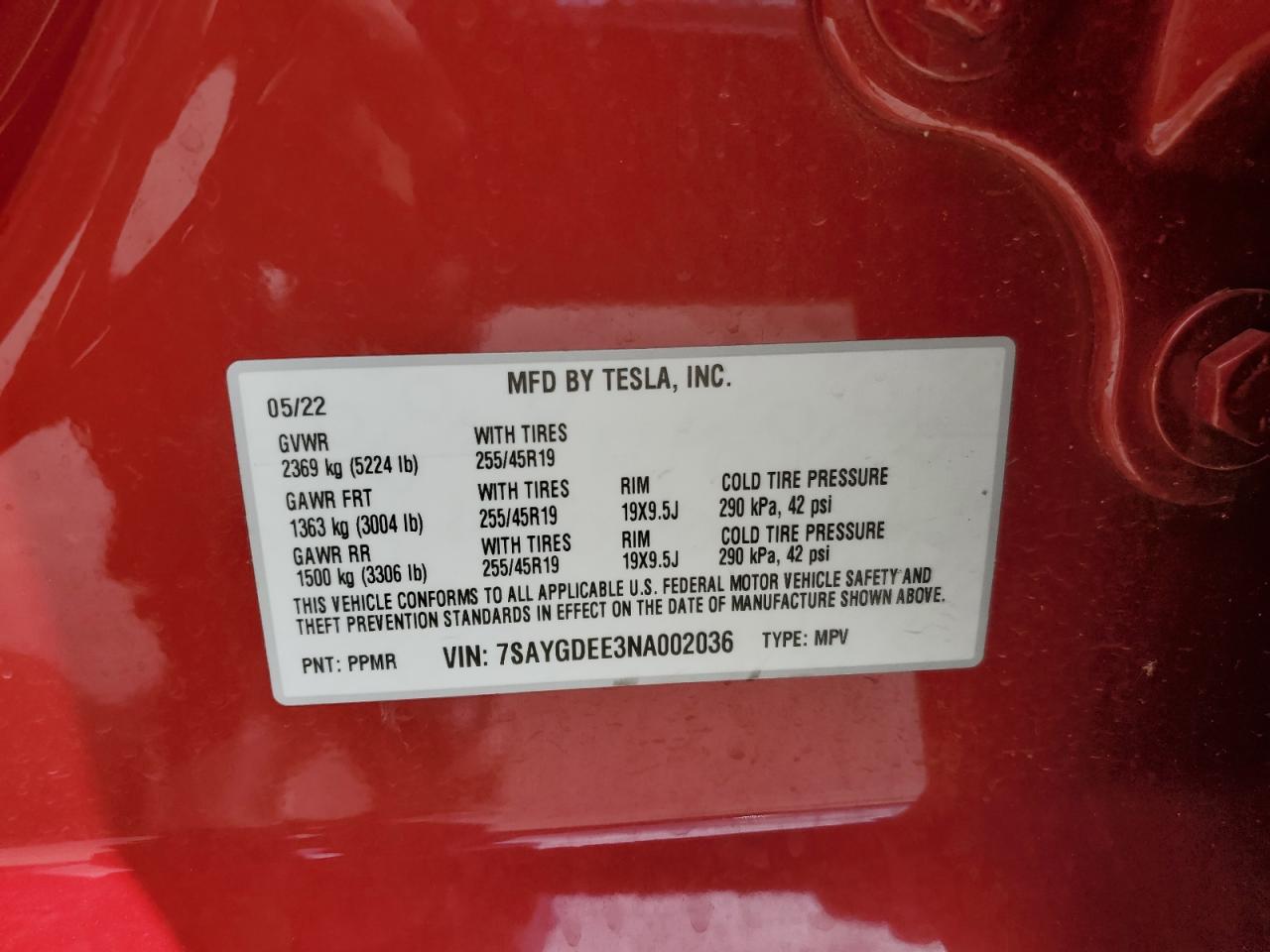 2022 TESLA MODEL Y VIN:7SAYGDEE3NA002036