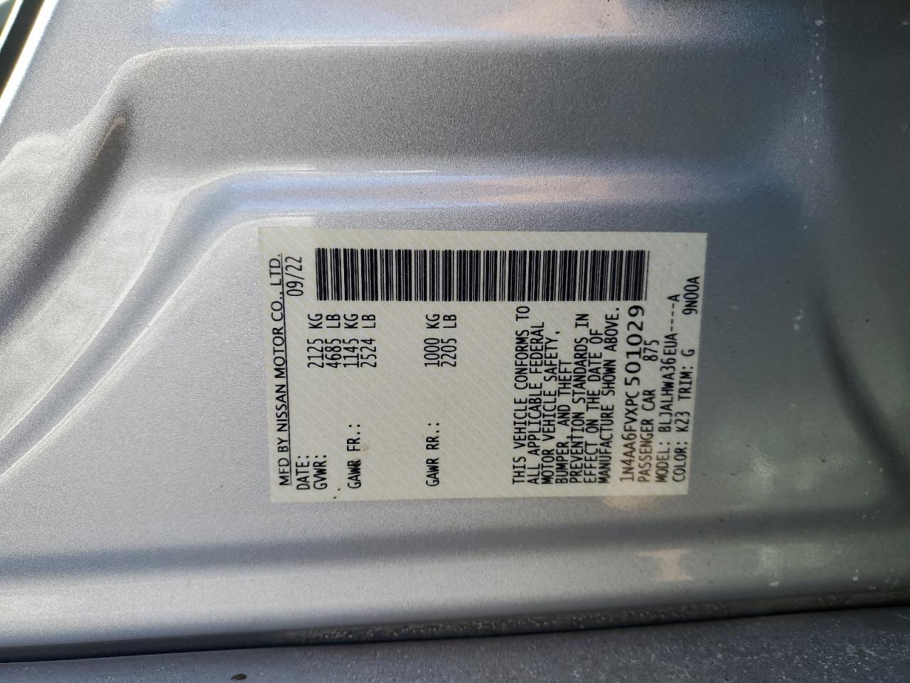 2023 NISSAN MAXIMA PLATINUM VIN:1N4AA6FVXPC501029