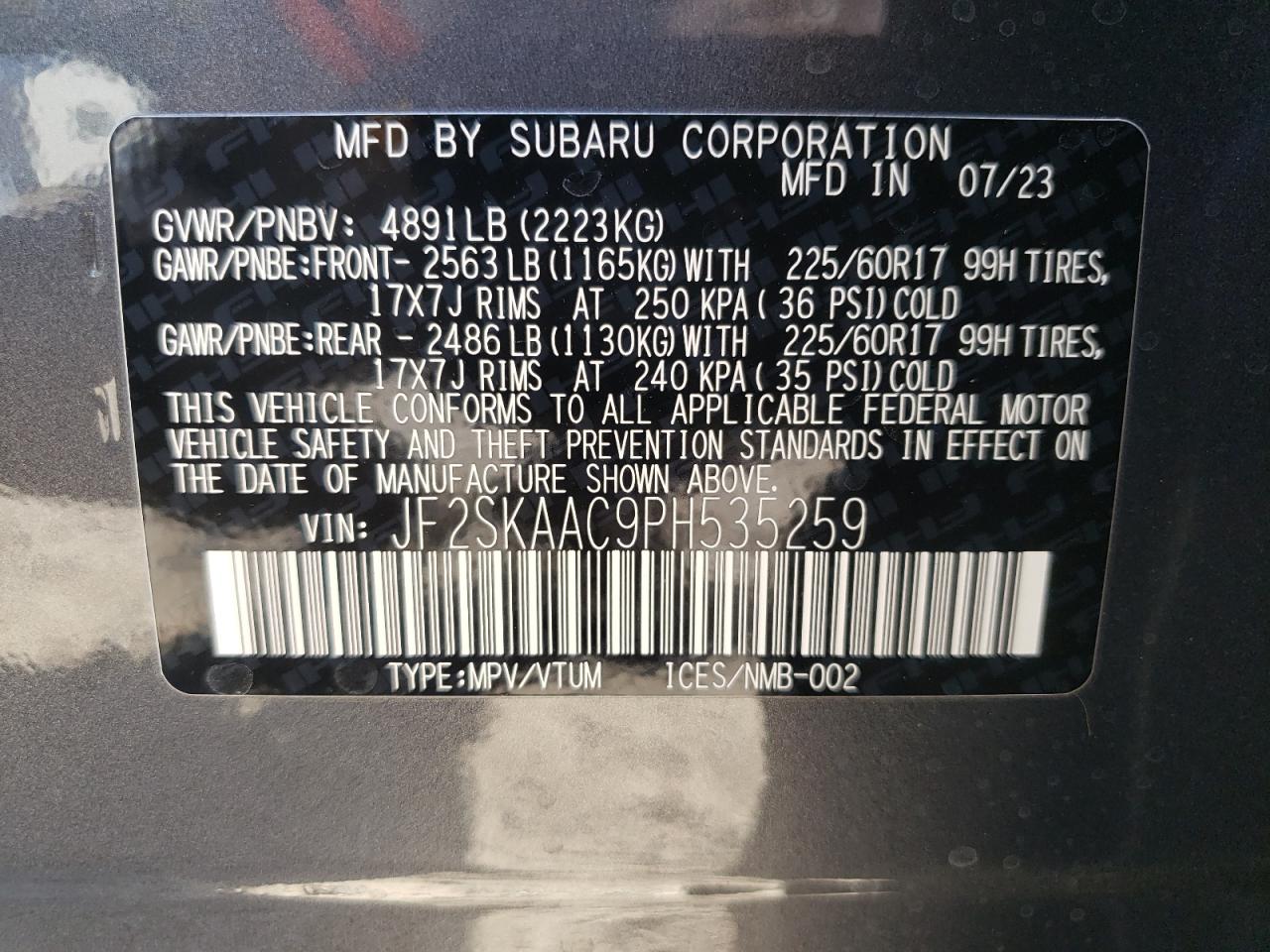 2023 SUBARU FORESTER VIN:JF2SKAAC9PH535259