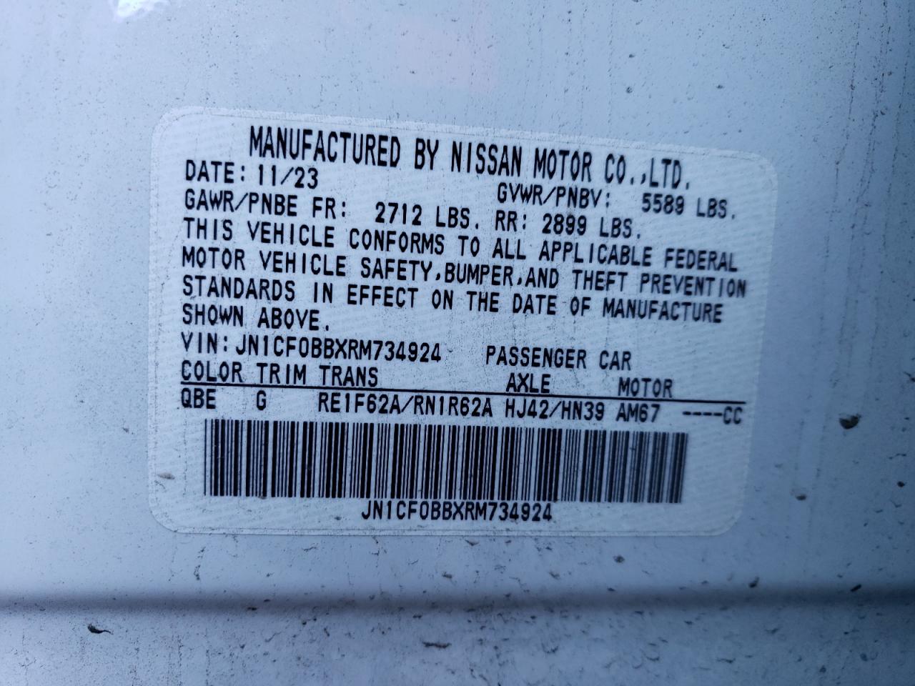 2024 NISSAN ARIYA ENGAGE VIN:JN1CF0BBXRM734924