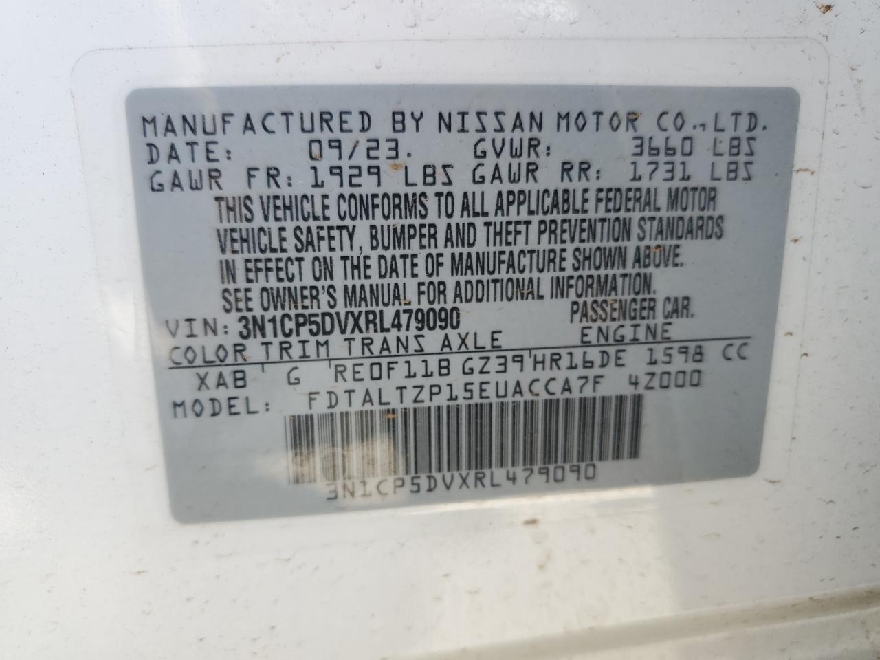 2024 NISSAN KICKS SR VIN:3N1CP5DVXRL479090