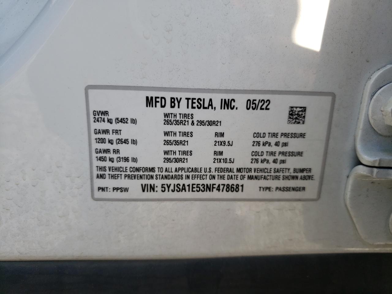 2022 TESLA MODEL S VIN:5YJSA1E53NF478681