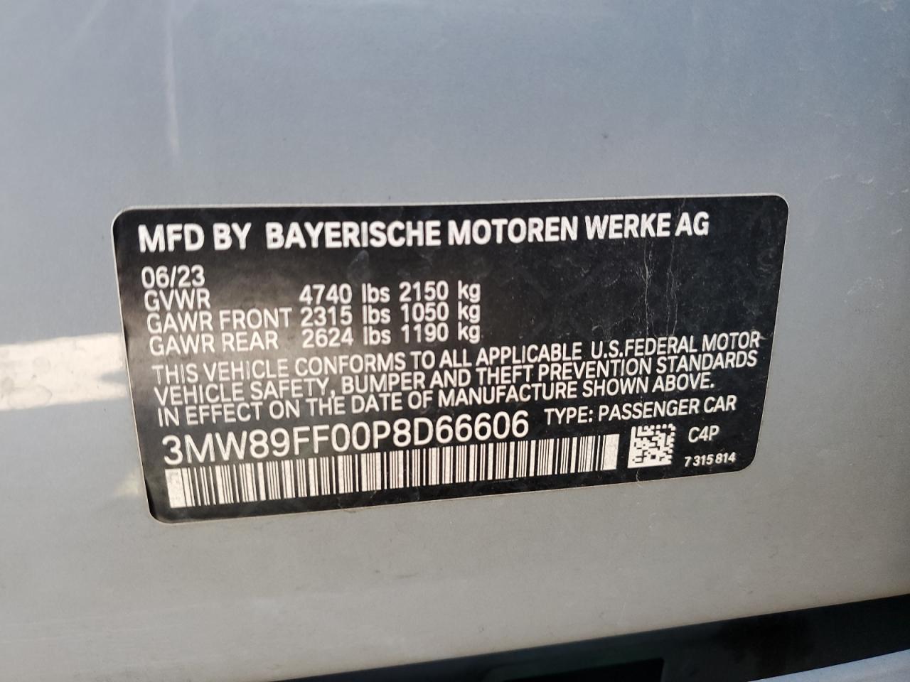 2023 BMW 330XI VIN:3MW89FF00P8D66606