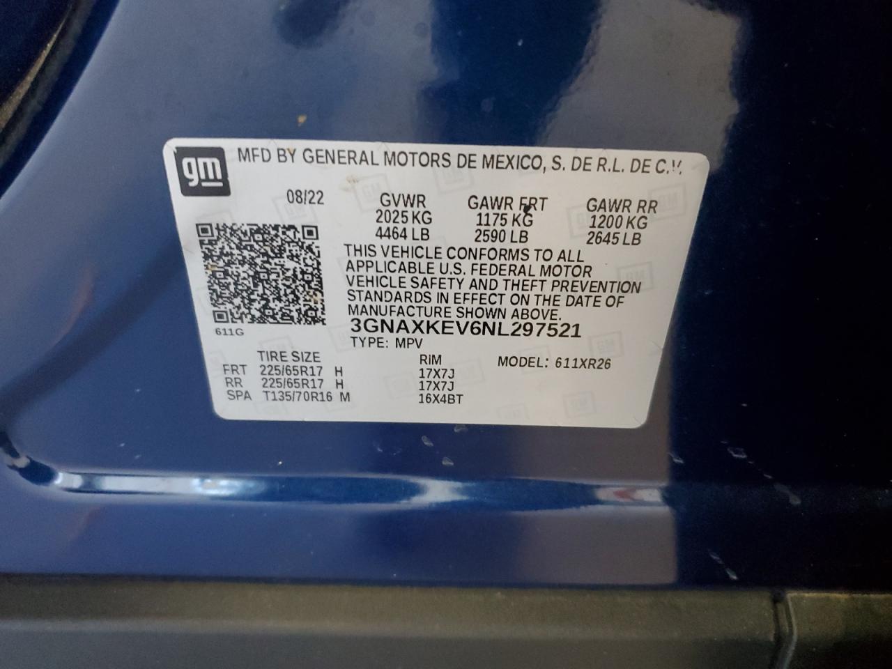 2022 CHEVROLET EQUINOX LT VIN:3GNAXKEV6NL297521