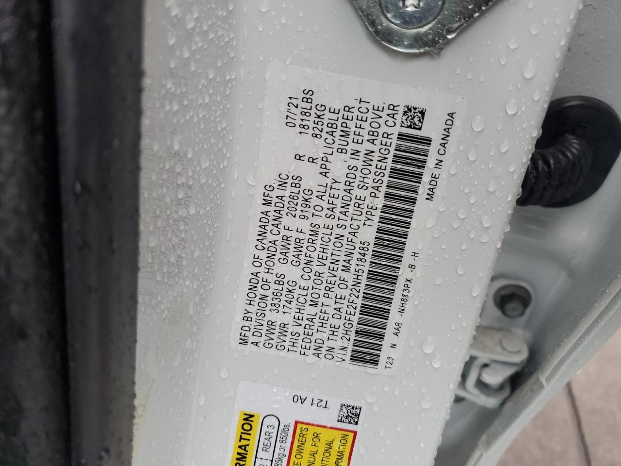 2022 HONDA CIVIC LX VIN:2HGFE2F22NH518485