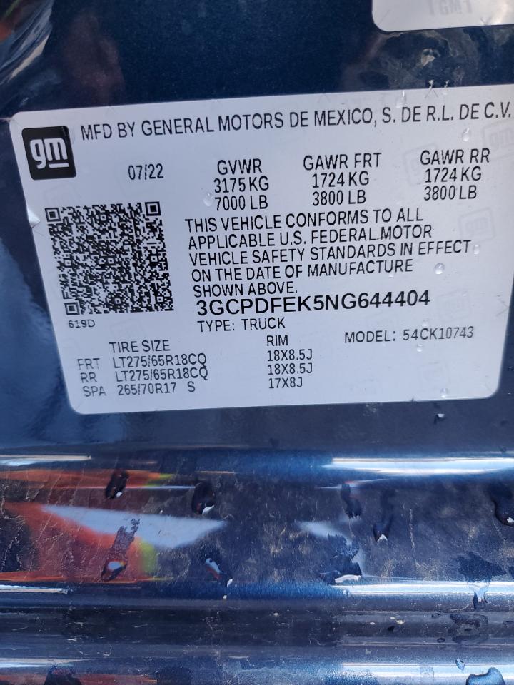 2022 CHEVROLET SILVERADO K1500 LT TRAIL BOSS VIN:3GCPDFEK5NG644404