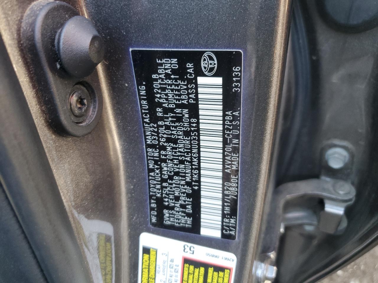 2022 TOYOTA CAMRY XSE VIN:4T1K61AK6NU035148