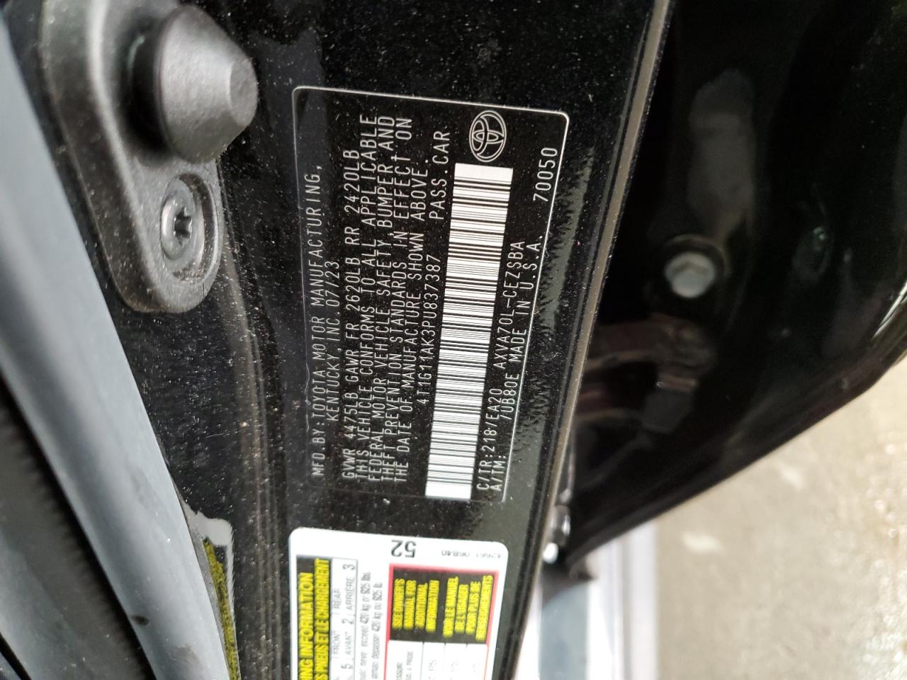 2023 TOYOTA CAMRY SE NIGHT SHADE VIN:4T1G11AK3PU837387